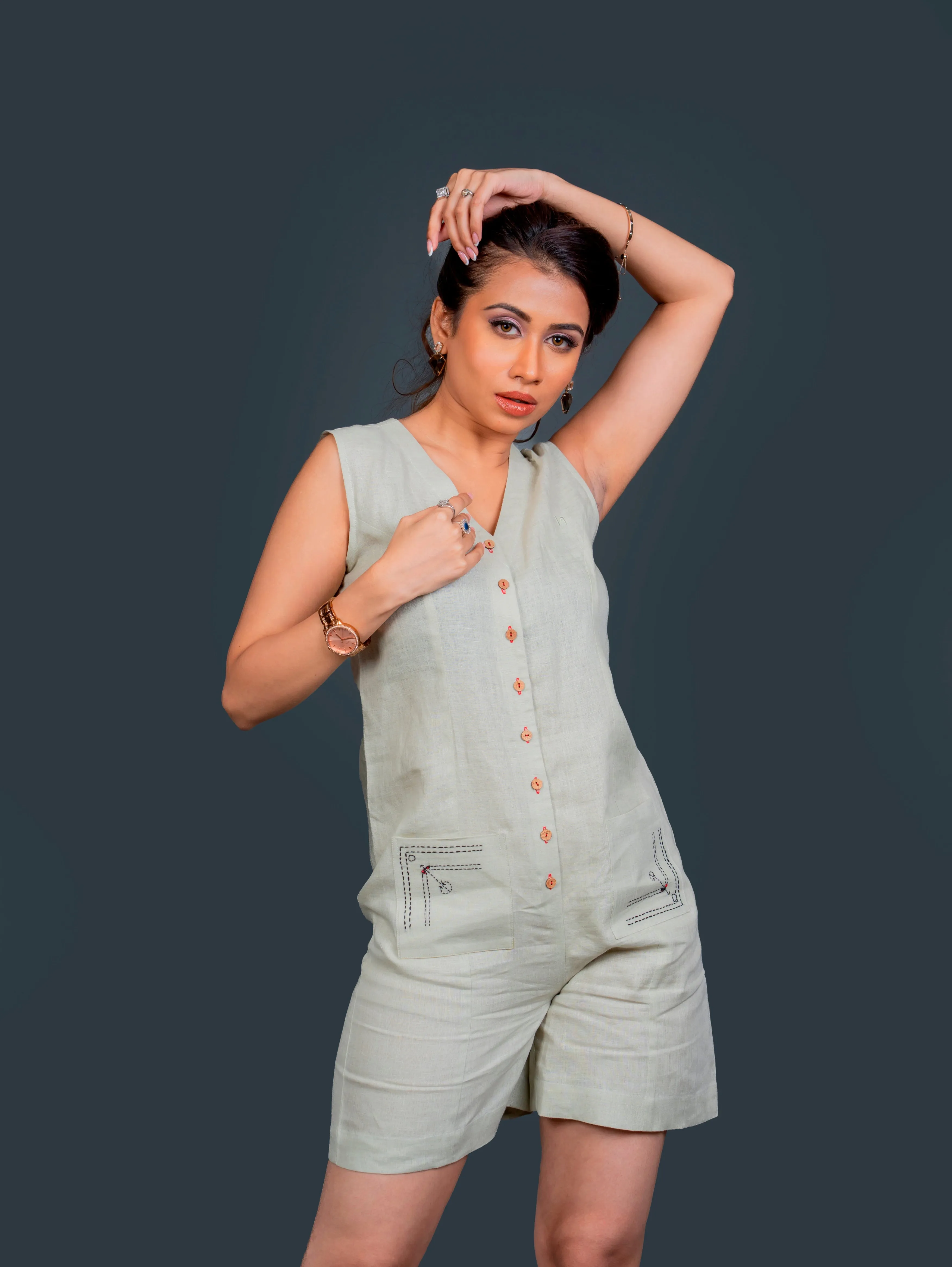 Linen Sleeveless Play Suit With Hand Embroidered Patch Pocket