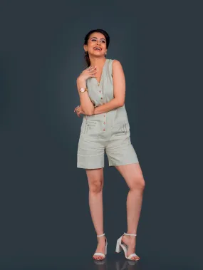 Linen Sleeveless Play Suit With Hand Embroidered Patch Pocket