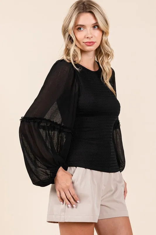 Mixed Media Textured Knit Chiffon Top