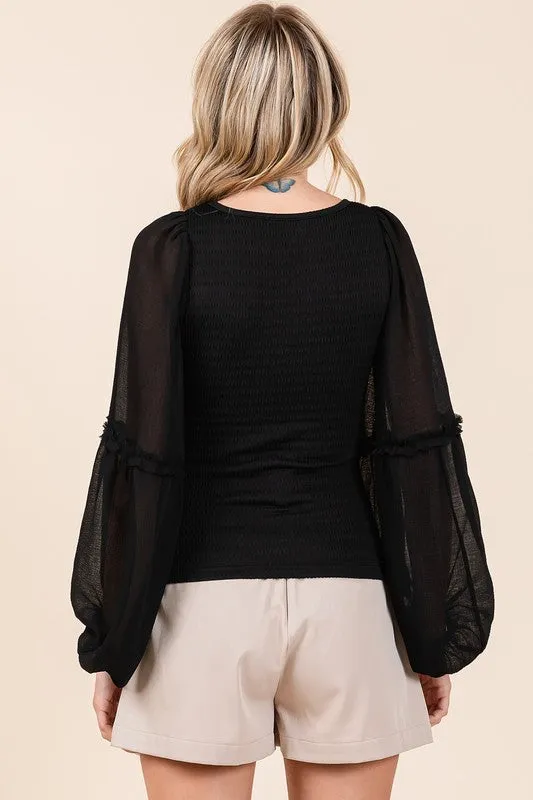 Mixed Media Textured Knit Chiffon Top