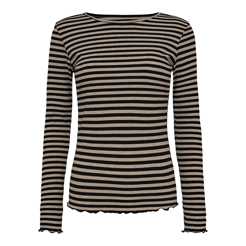 NATALIA LS ROUND NECK  BLOUSE - SESAME BLACK STRIPE