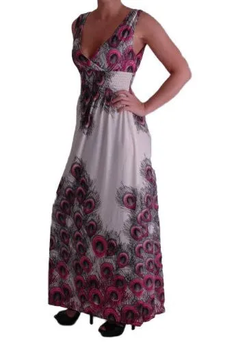 Peacock Print Grecian V Neck Maxi Dress