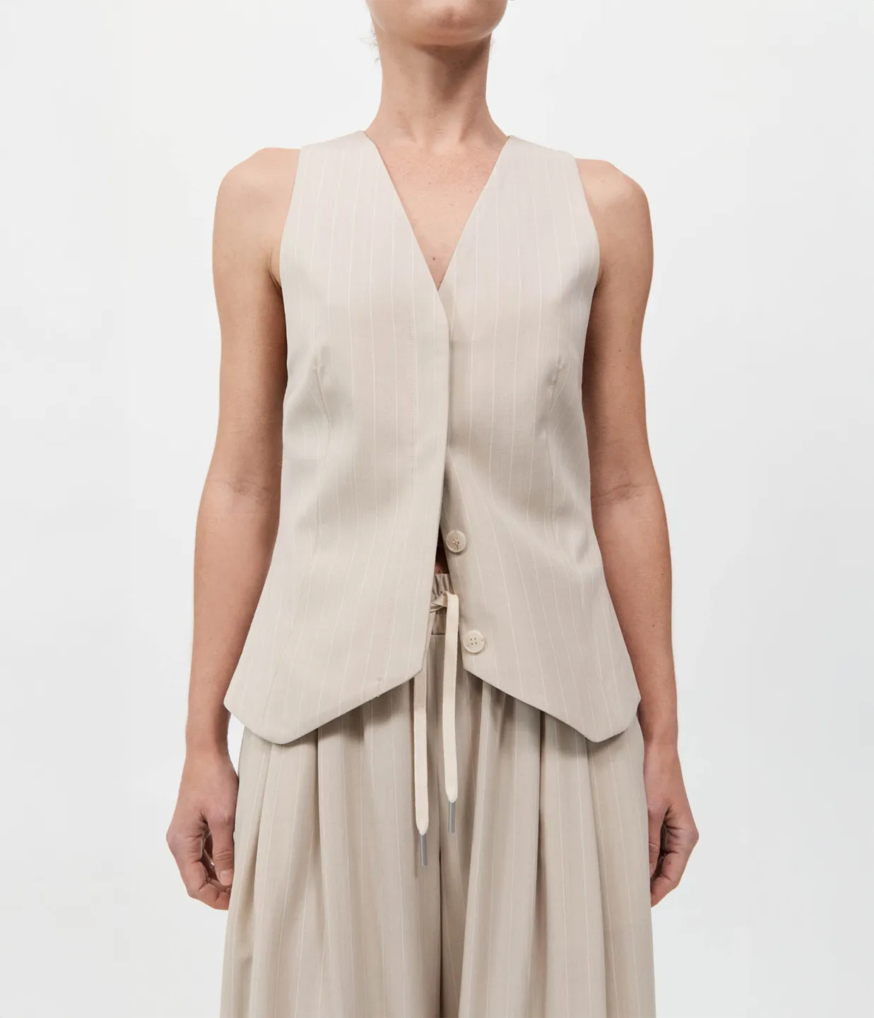 Pinstripe Wool Drawsting Pants in Latte