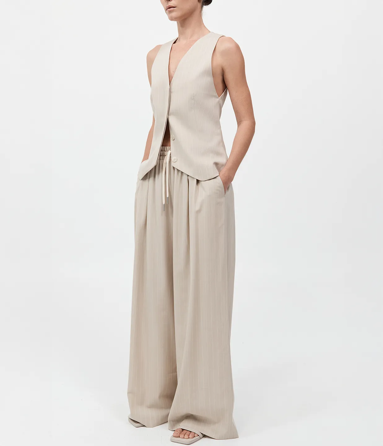 Pinstripe Wool Drawsting Pants in Latte