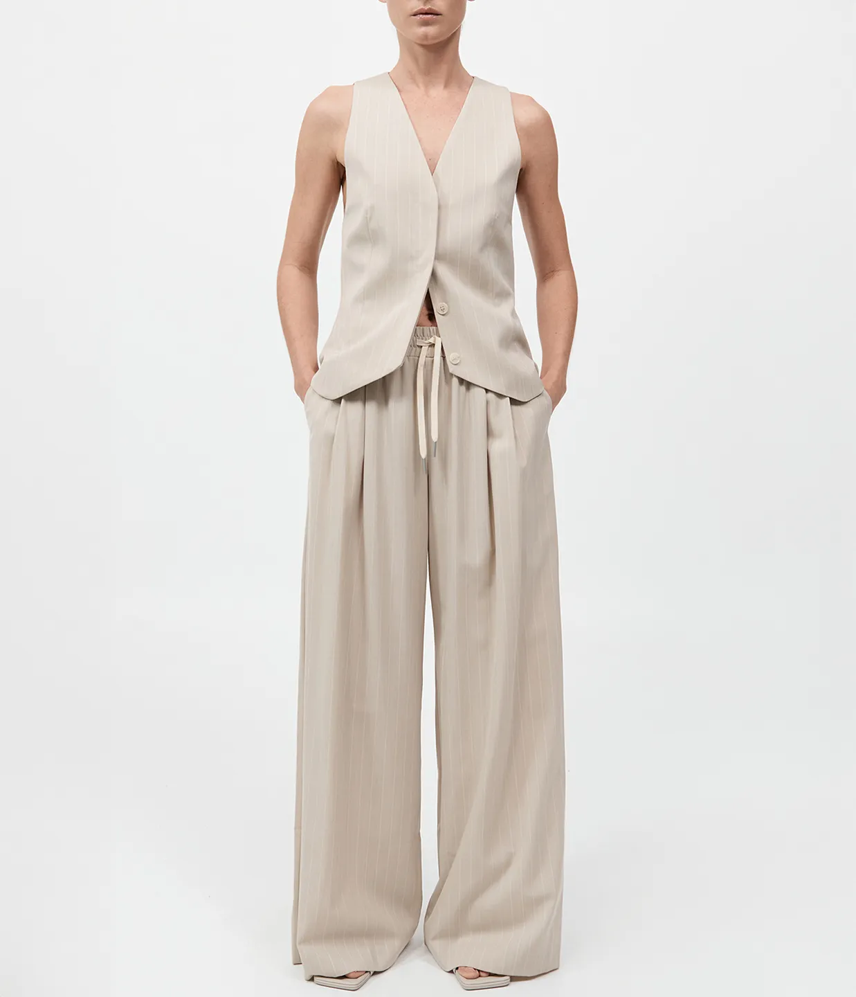 Pinstripe Wool Drawsting Pants in Latte