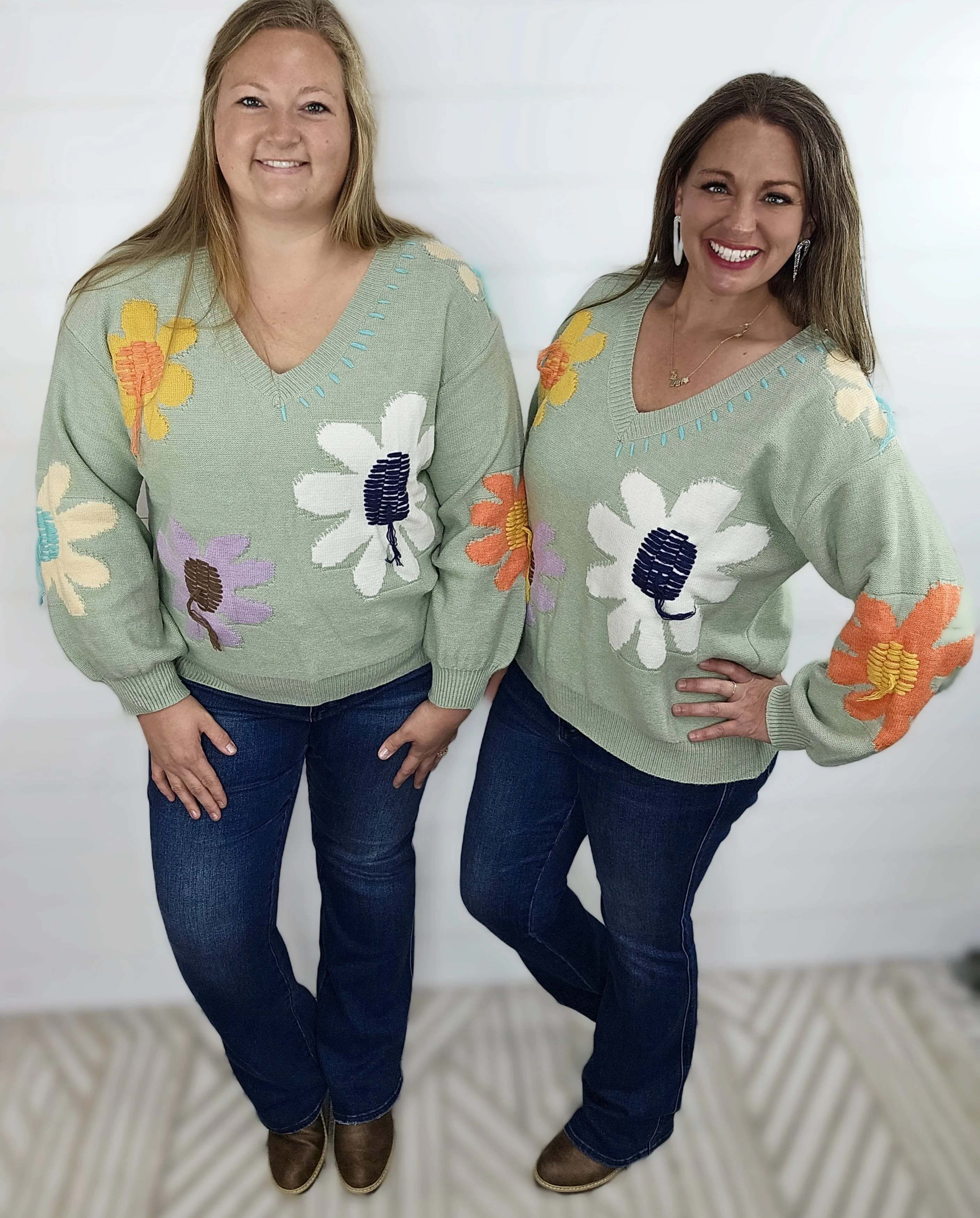 POL SOFT SAGE LARGE FLORAL SWEATER