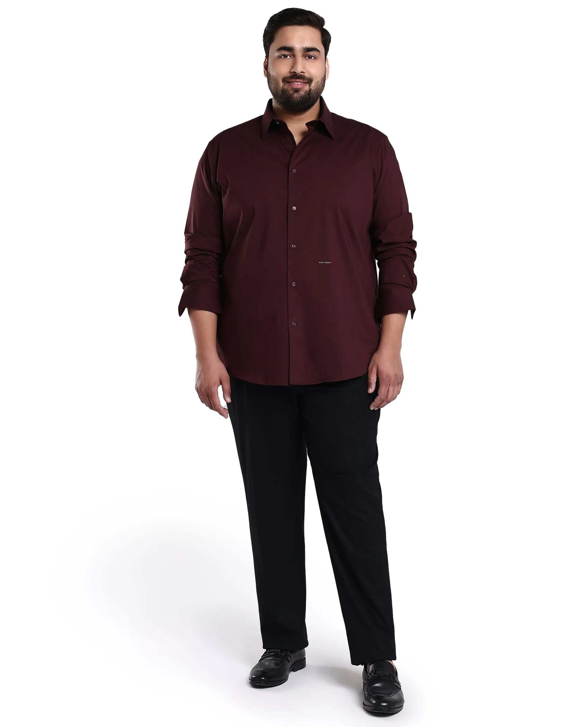 Rare Rabbit Mens Benedict Maroon Cotton Stretch Drop Collar Full Sleeve Solid Shirt Plus Size