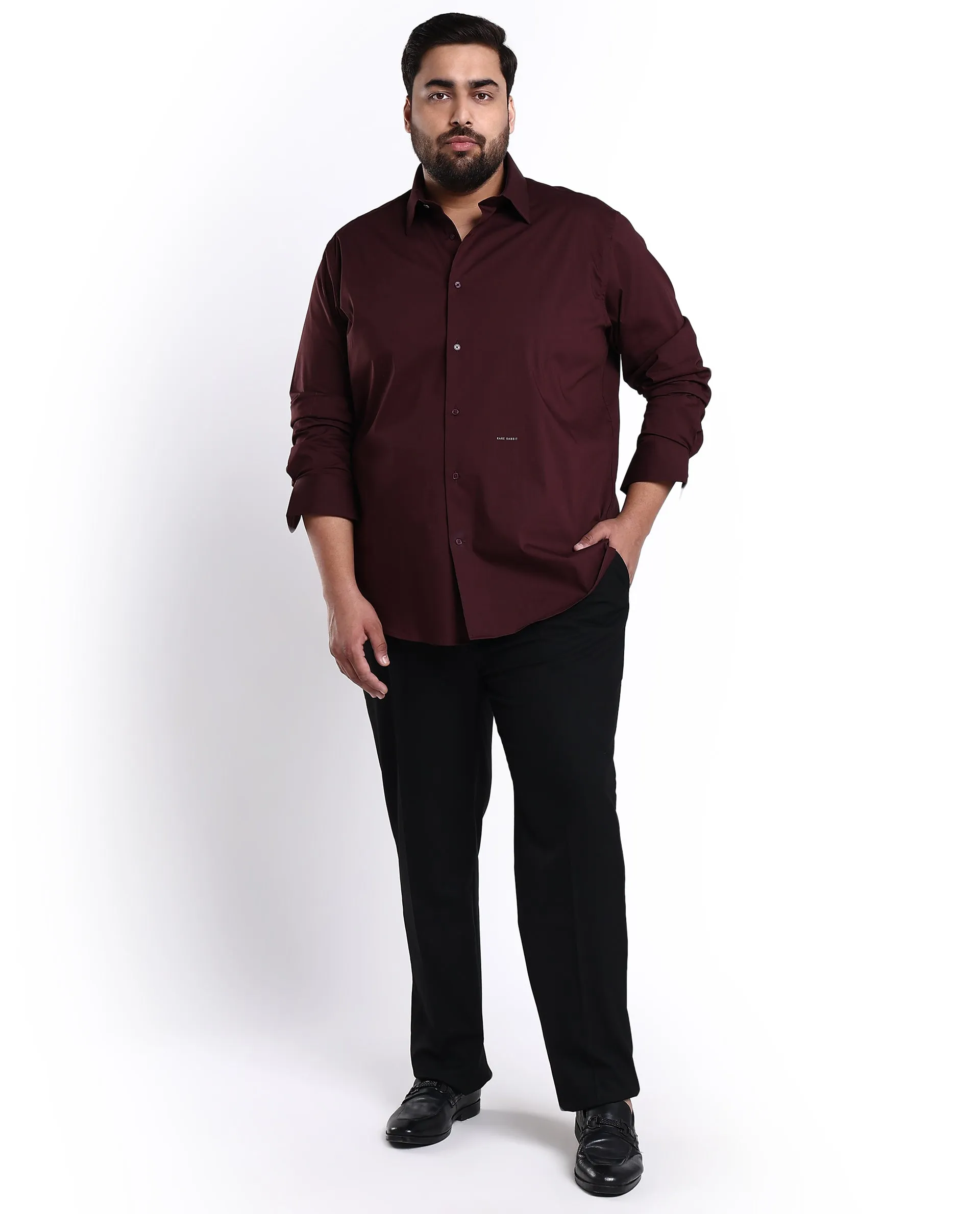 Rare Rabbit Mens Benedict Maroon Cotton Stretch Drop Collar Full Sleeve Solid Shirt Plus Size