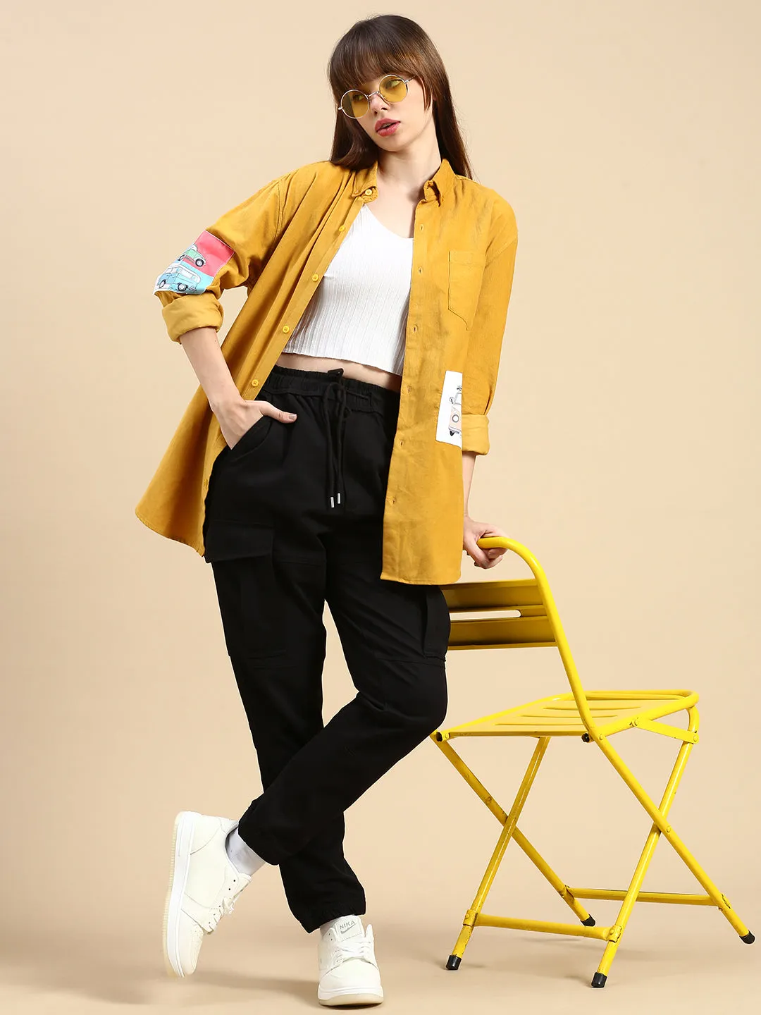 Relaxed Fit Yellow Appliqued Corduroy Shirt
