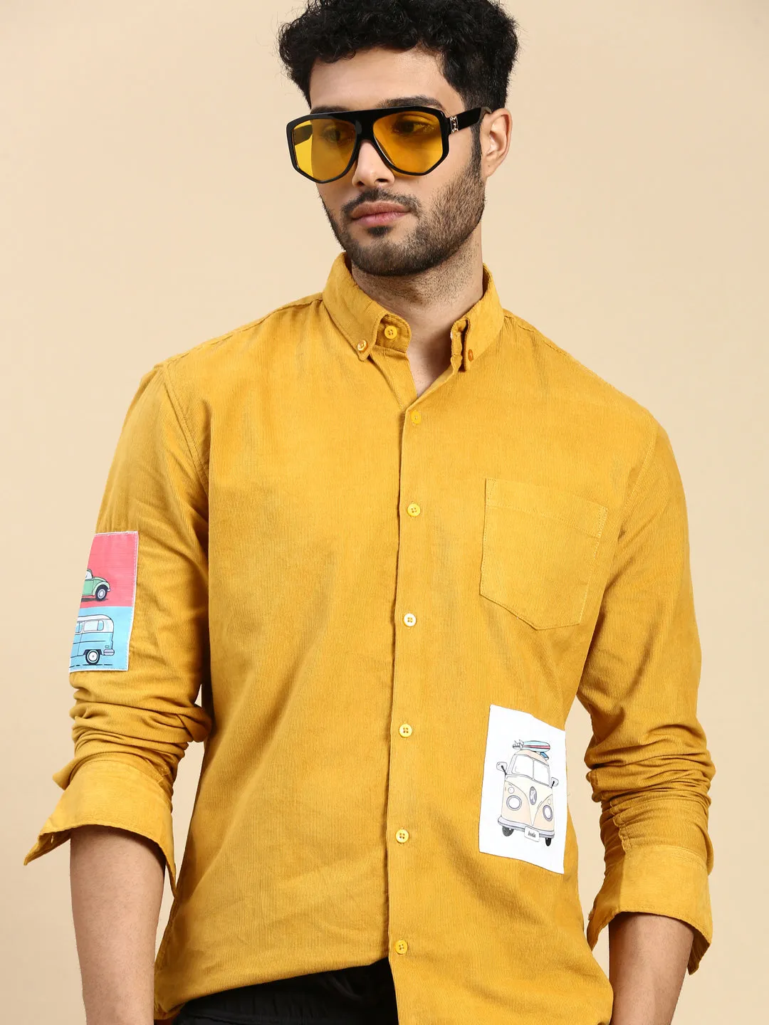 Relaxed Fit Yellow Appliqued Corduroy Shirt