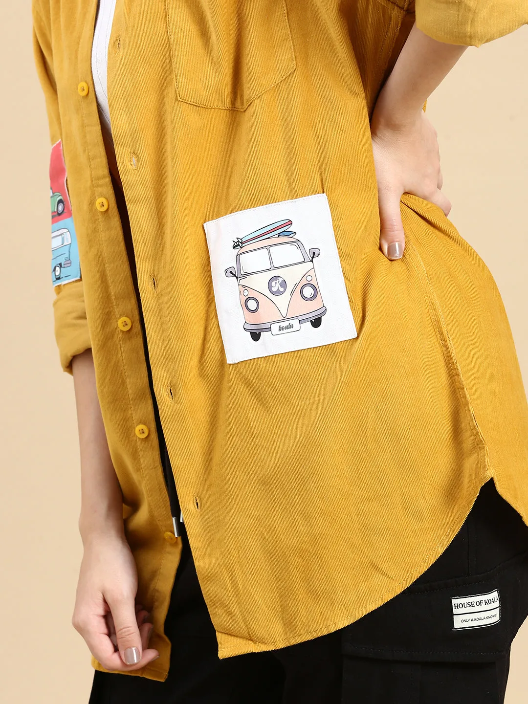 Relaxed Fit Yellow Appliqued Corduroy Shirt