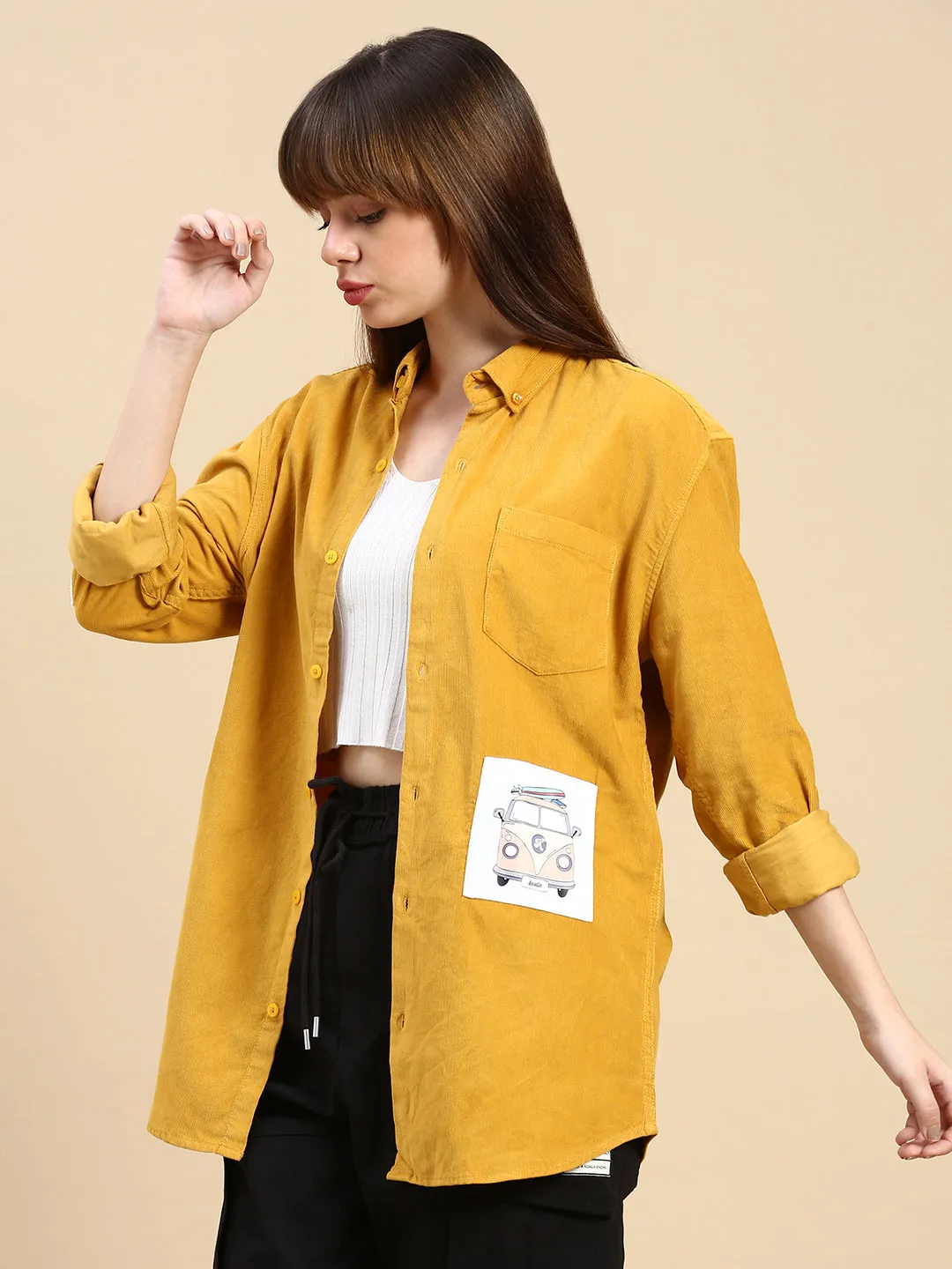Relaxed Fit Yellow Appliqued Corduroy Shirt