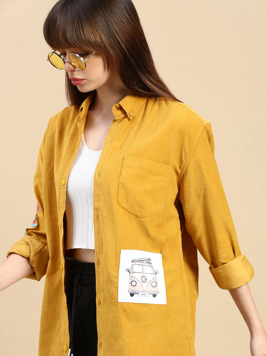 Relaxed Fit Yellow Appliqued Corduroy Shirt