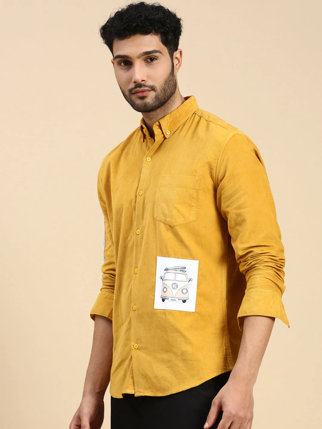 Relaxed Fit Yellow Appliqued Corduroy Shirt