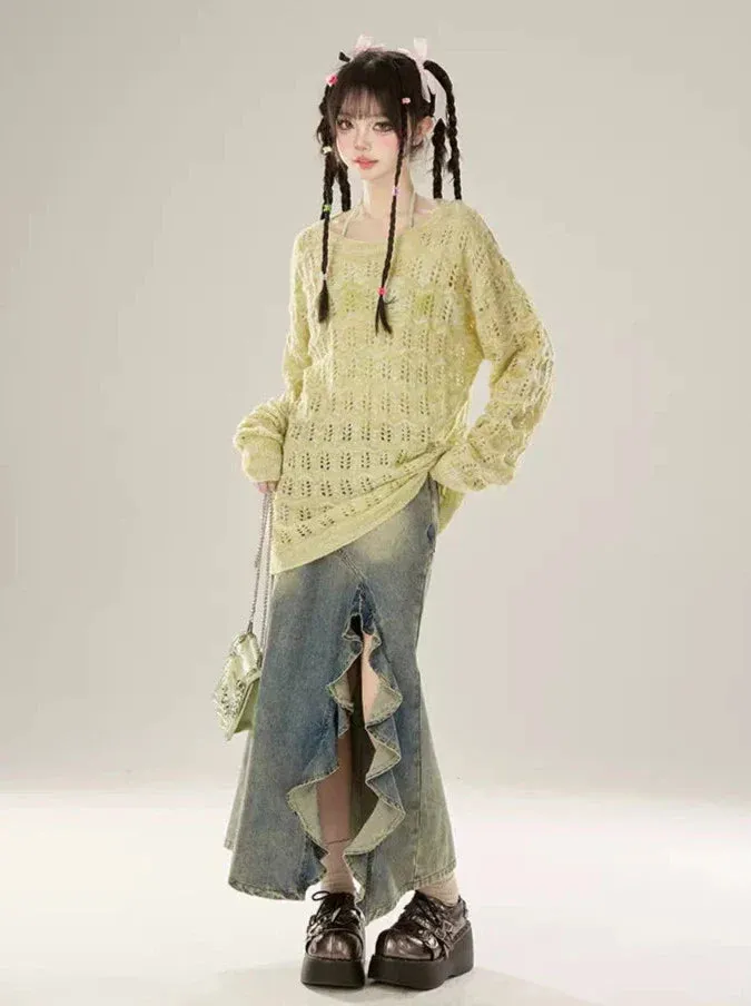 Skirt Slit Denim Frill Design