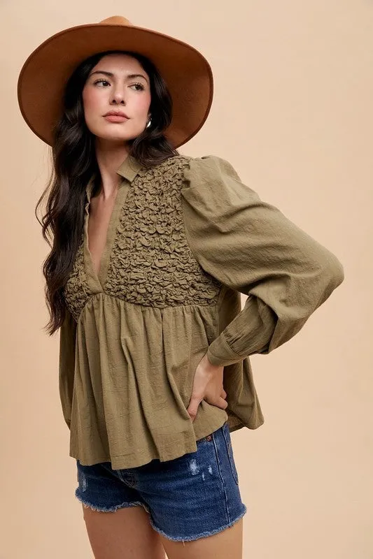 Smocked Front Babydoll Blouse