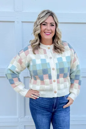Soft Hued Checkered Button Cardigan