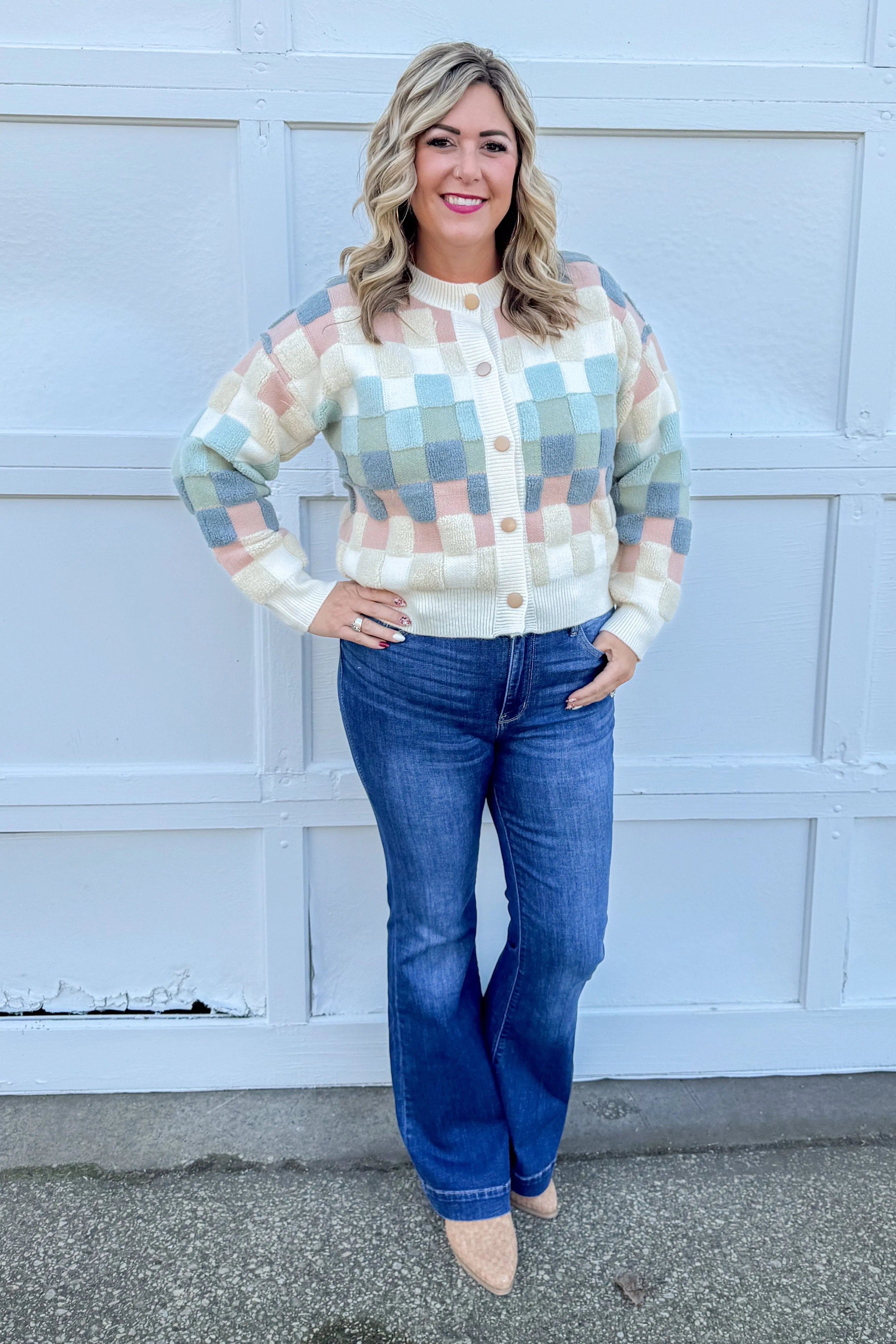 Soft Hued Checkered Button Cardigan