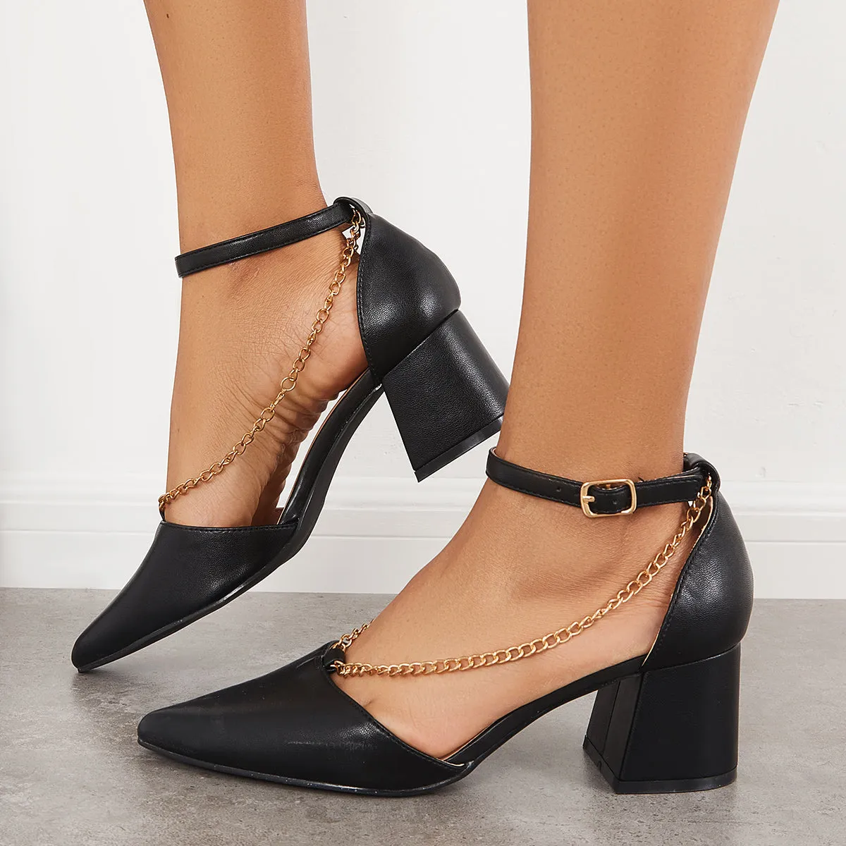 Sohiwoo woman formal Chain Chunky Block Heel Pumps Pointed Toe Ankle Strap Sandals