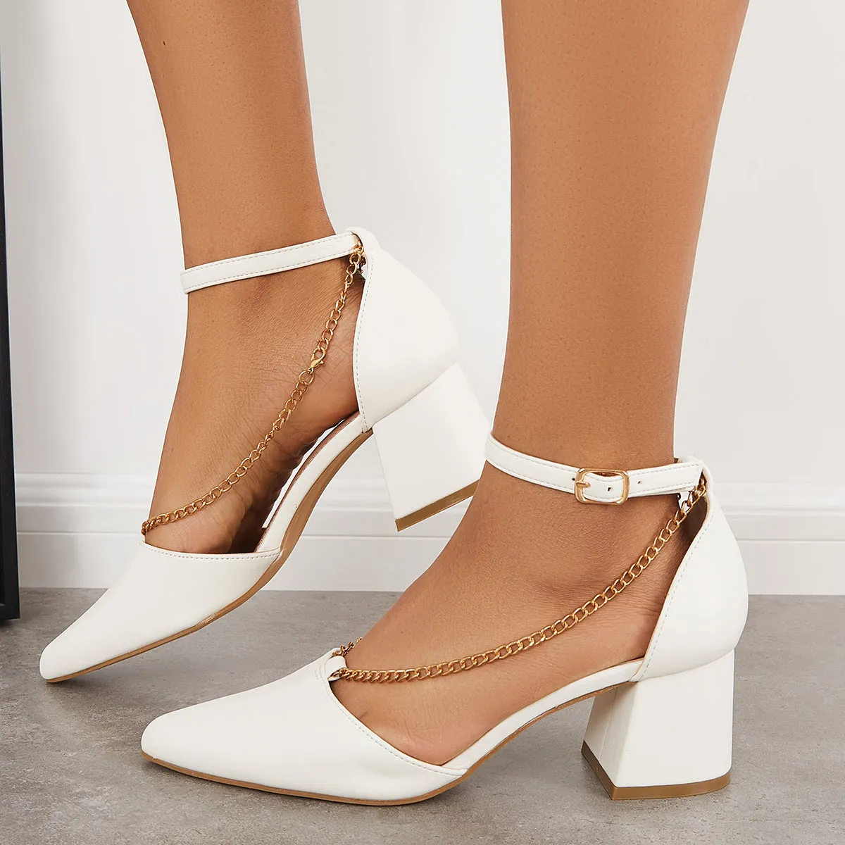 Sohiwoo woman formal Chain Chunky Block Heel Pumps Pointed Toe Ankle Strap Sandals