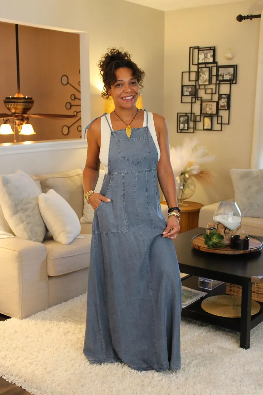 Tencel Tie Shoulder Soft Denim Maxi Dress