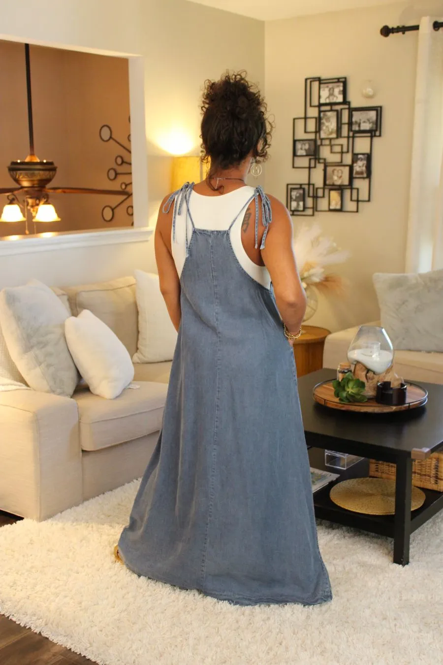 Tencel Tie Shoulder Soft Denim Maxi Dress