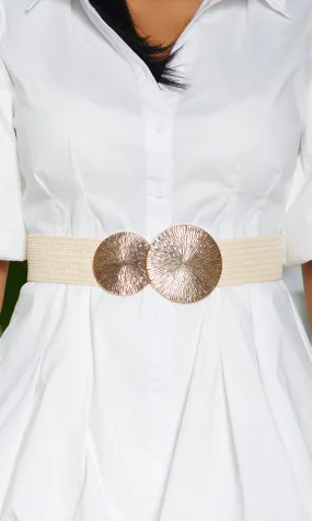 Two Round Buckle Elastic Waistband Belt -Cream