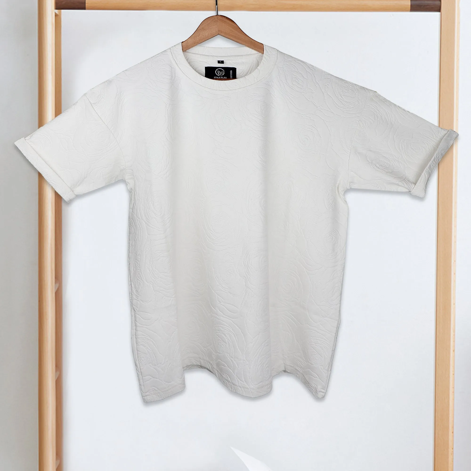 White Rose Embossed Drop Shoulder T-Shirt