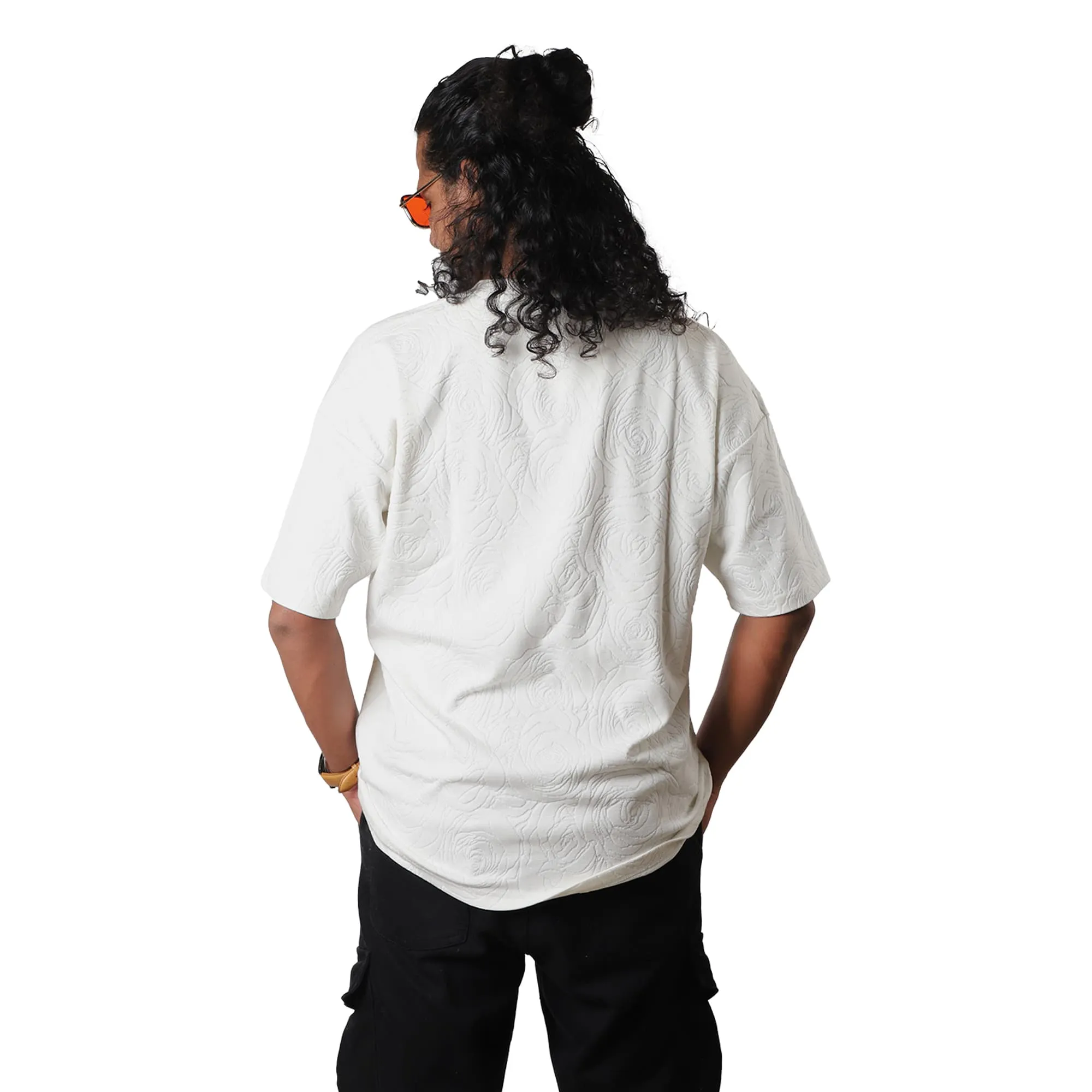 White Rose Embossed Drop Shoulder T-Shirt
