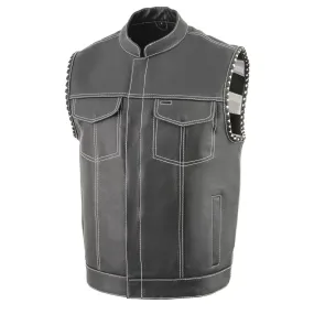 White Stitching MLM3509 Men's Black Naked Leather Vest - Old Glory Laced Armholes White Stitching Club Style Vest