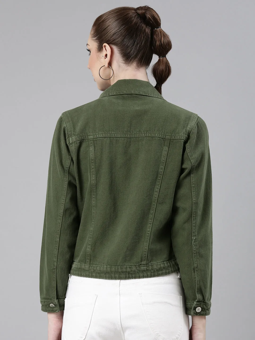 Women Green Solid Denim Jacket