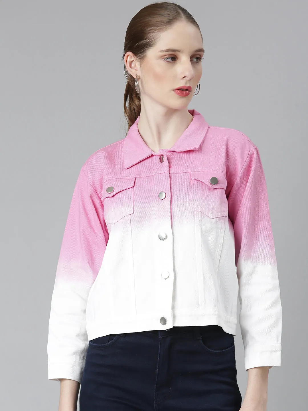 Women Pink Ombre Denim Jacket