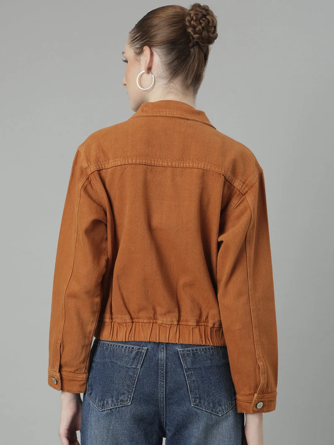 Women Rust Solid Denim Jacket