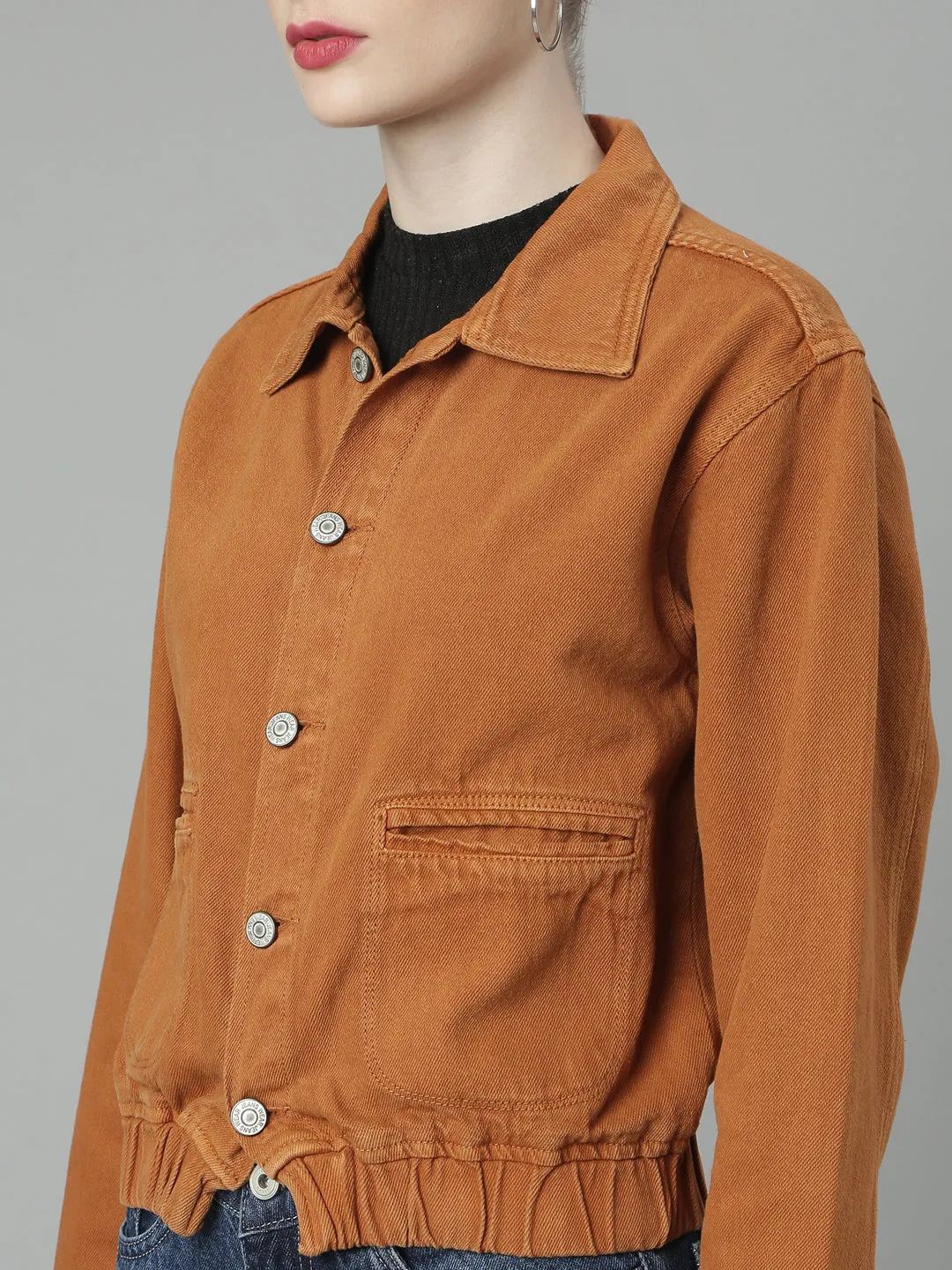 Women Rust Solid Denim Jacket